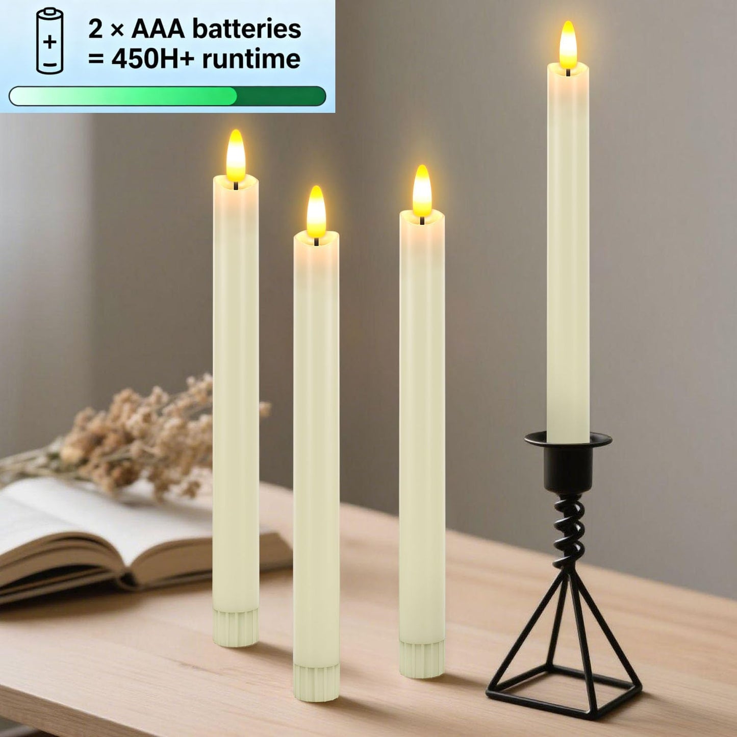 HL Flameless Taper Candles with Remote Timer, 450H+ Battery Operated LED Candlesticks, Warm 3D Flickering Flame, 9.6" Window Sticks Candles for Halloween Christmas Home Decor（Ivory 6PCS）