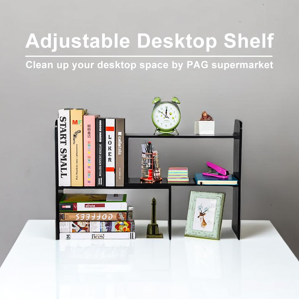 PAG Desk Organizer Desktop Shelf Adjustable Countertop Bookshelf Small Table Shelves Book Organizer Office Organization for Desk, Black