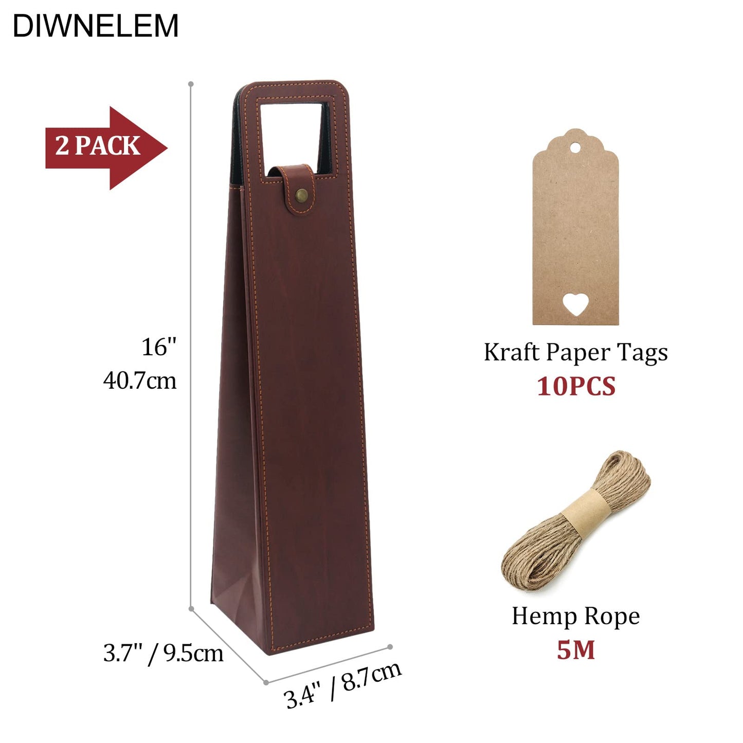 DIWNELEM 2 Pack Leather Wine Bag - Gift Bags for Wine, Champagne, Beer Bottles - Tote Carrier for Travel, Parties - Brown