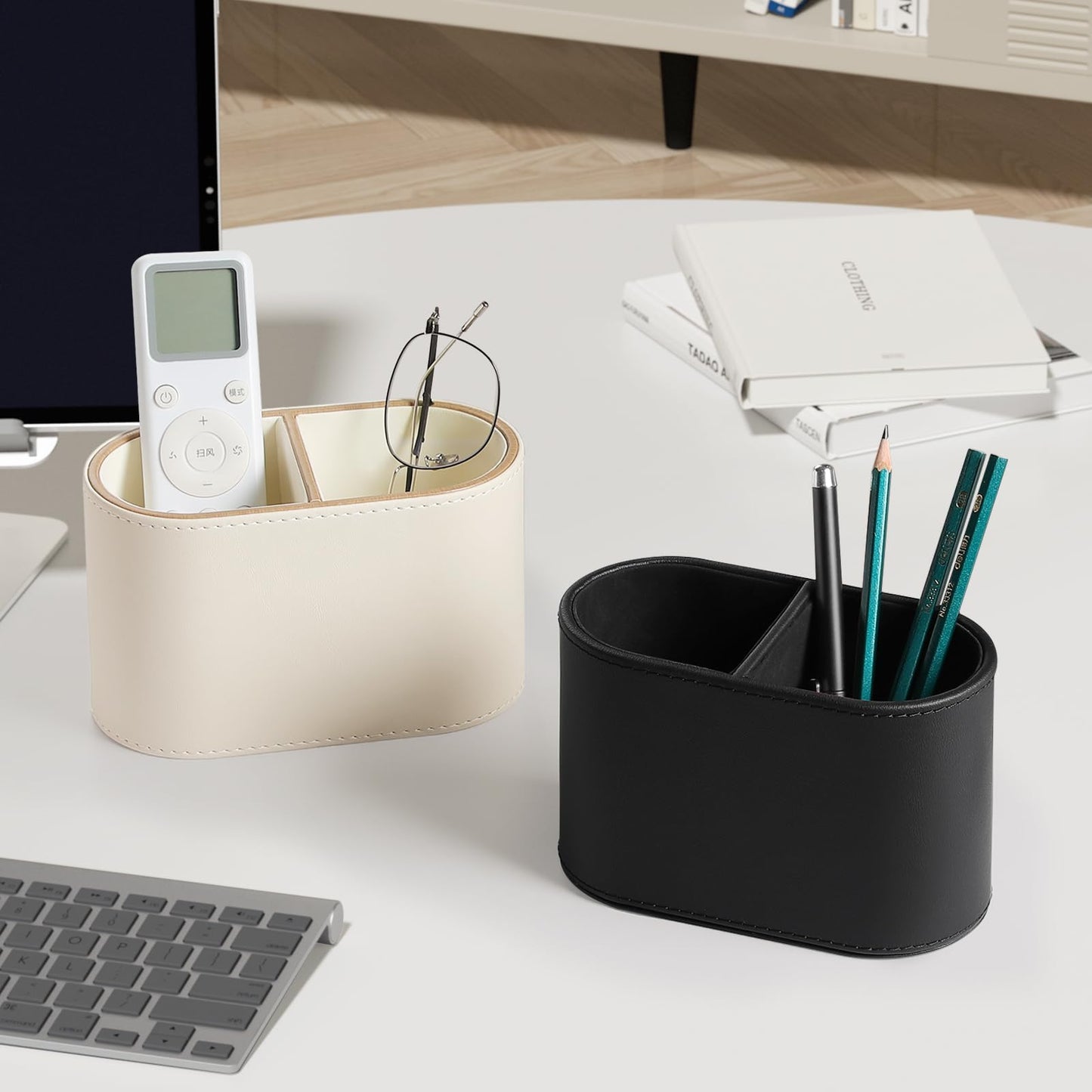 MEIBOOCH PU Leather Pen Holder for Desk, Small Remote Control Holder Pencil Cup Multifunctional Desktop Organizer Caddy for Home School Office Desk Accessories - 2 Compartments (Beige)