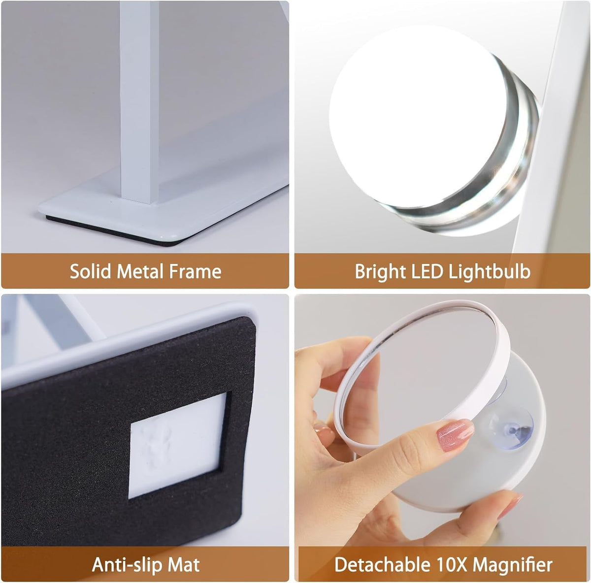 FENCHILIN Vanity Mirror with Light Lighted Makeup Mirror Vanity Makeup Mirror Smart Touch Control 3Colors Dimable Light Detachable 10X Magnification 360°Rotation(White)