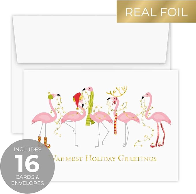 Canopy Street Masterpiece Fashion Flamingos Christmas Cards / 16 Holiday Card Set With Gold Foil And White Envelopes / 5 5/8" x 7 7/8" Winter Greeting Cards With Inside Verse/Made In The USA