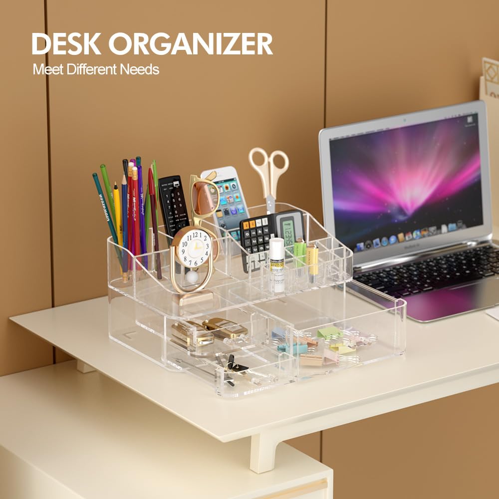 DALEMKY Makeup Organizer for Vanity, Acrylic Large Desk Organizer with Drawers, Ideal Vanity Holder for Cosmetics, Lipsticks, Nail Polish, Skincare, Countertop, Bathroom, Dresser