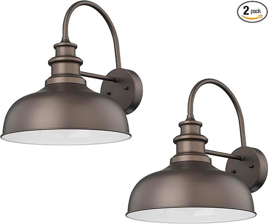 Bestshared Gooseneck Barn Light 14 Inch Dome Farmhouse Wall Sconce, Outside Wall Mount Light, Exterior Lighting Fixture, Front Door Porch Lantern Lamp for Entryway, Patio (ORB+White, 14” Dome-2Pack)