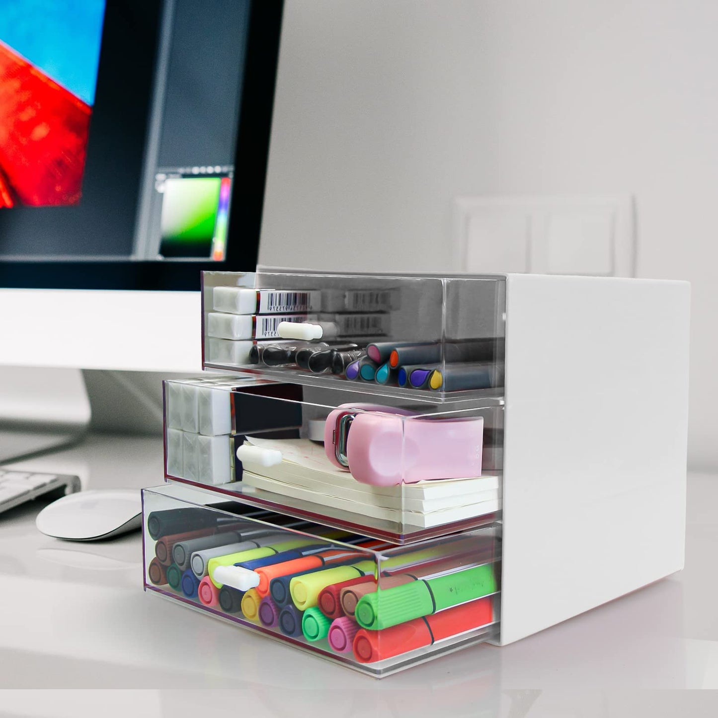 Zuiaso Desk Organizer with Drawer, Desk Storage Box, Plastic Office Stationery Supplies Organizers, Desktop Organizer for Office School Home (3 drawer, White)