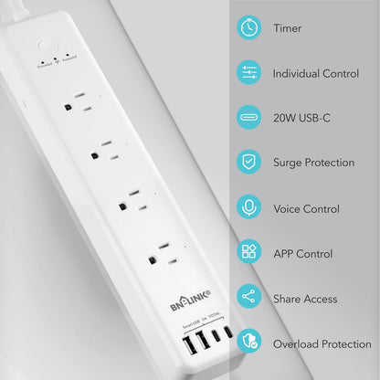 BN LINK Smart Plug Power Strip，Surge Protector with 6 Individually Controlled Smart Outlets, 4 USBs (incl. 20W USB-C), Compatible with Alexa and Google Home