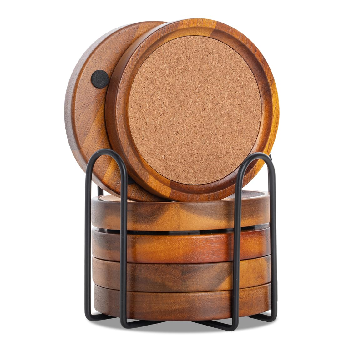 Acacia Wood Cork Coasters with Holder - Absorbent Rustic Cork Coasters for Coffee/Dining Tables & Desks - Set of 6, 4.13in Dark Brown
