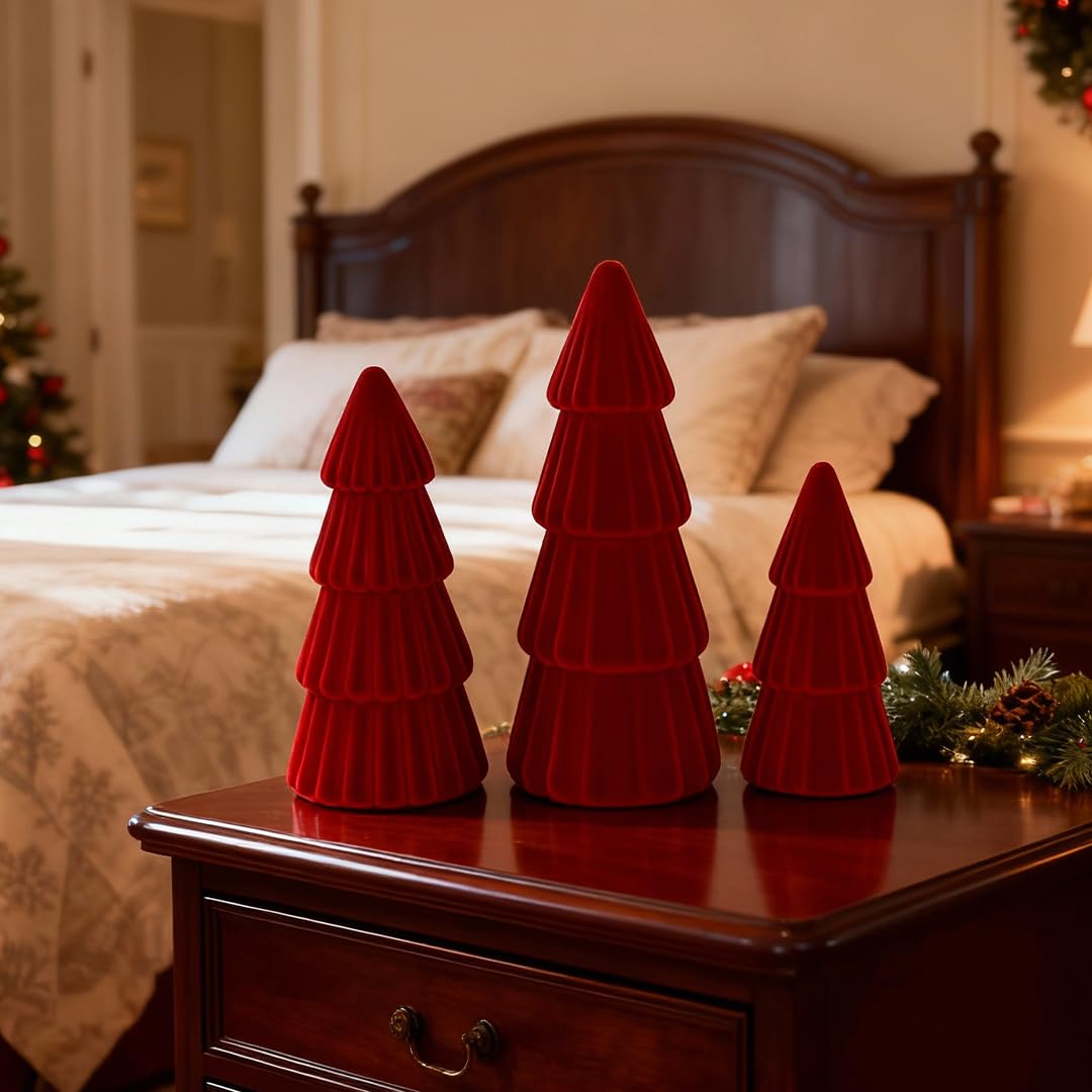 Joyhalo Tabletop Christmas Trees, Set of 3 Velvet Christmas Trees Indoor Xmas Decoration Centerpieces for Table, Mantel, Holiday, Party and Home Decor, Red