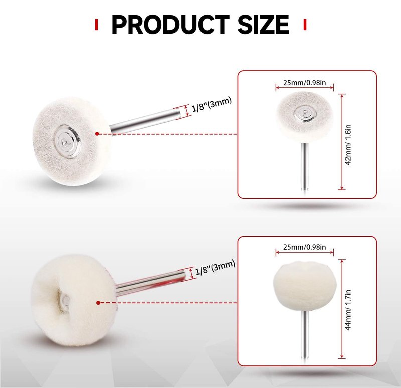 Shineboc 50 PCS 1 Inch Wool Felt Polishing Accessory Kits, 25 Each Spherical/Flat Buffing Wheels for Proxxon Dremel Rotary Tool - 1/8" Shank, Ideal for Wood Metal Jewelry and Glass Polishing