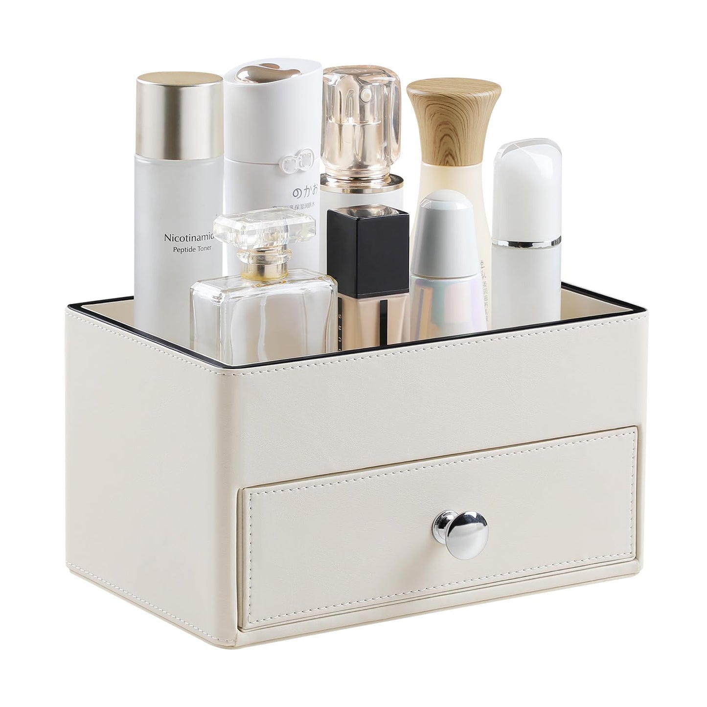 MEIBOOCH PU Leather Desk Organizer with Drawer, Multifunctional Nightstand Organizer, Waterproof Makeup Organizer for Vanity Bathroom Countertop Bedside Table (Beige)