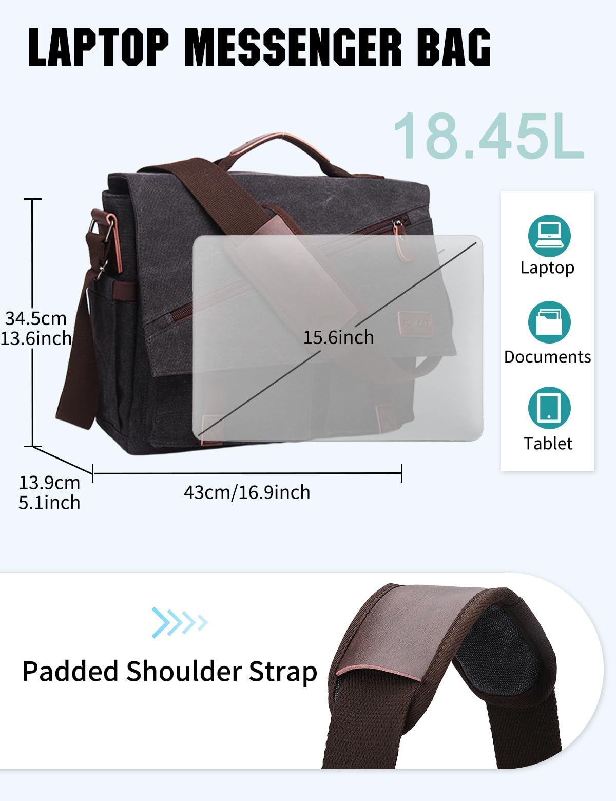 RAVUO Messenger Bag for Men, Water-Resistant Canvas Satchel Briefcase, Fits 15.6-Inch Laptop, Padded Strap, Large Capacity Bag for Work, Business, College, Black
