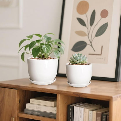 6.7 + 5.5 Inch Plant Pot, Ceramic Planter with Drainage and Saucer, Ceramic Pots for Plants, Indoor Plant pots,Succulent Pot Orchid Pots(Smooth White,Plant Pot Only)