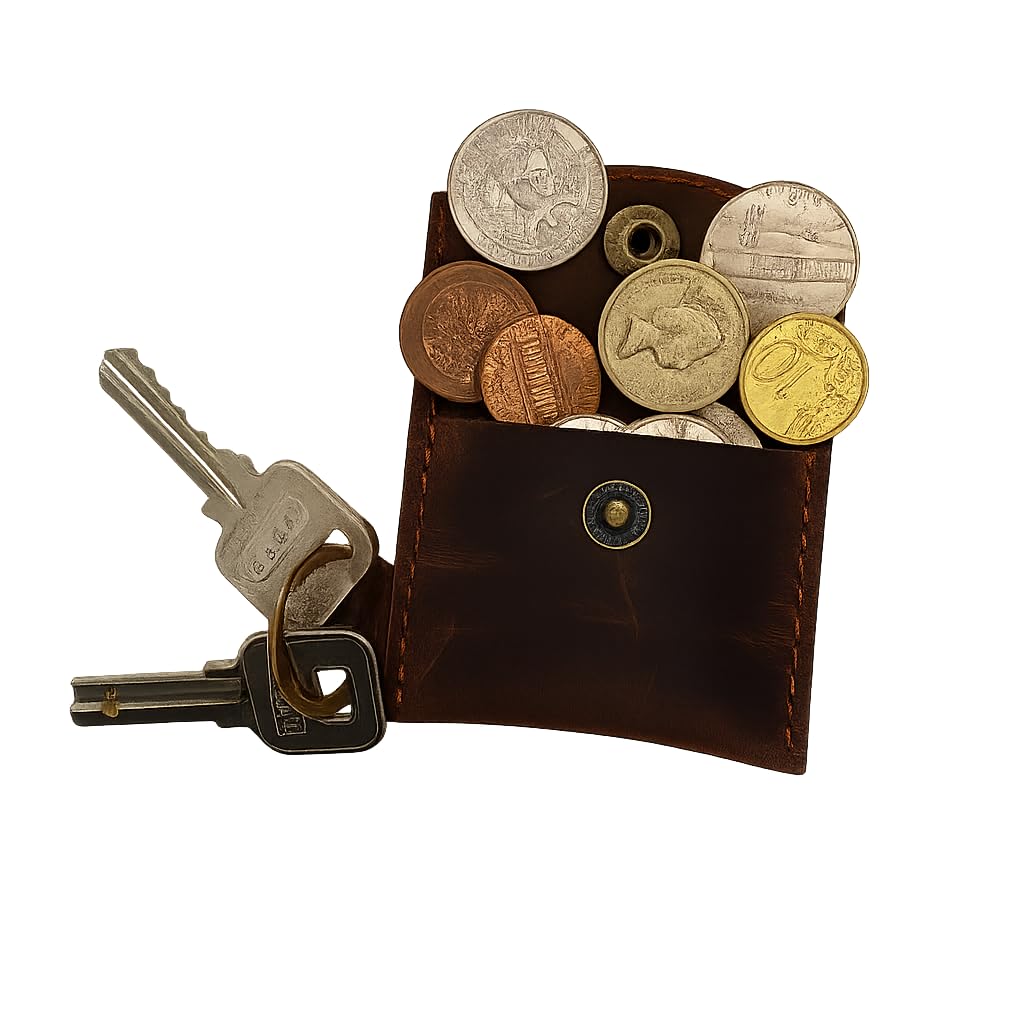 PavinCrafter Leather Coin/Ring Holder Keychain – Mini Pouch with Key Ring, Handmade Small EDC Wallet for Coins, Jewelry, Rings & Keys – Dark Brown
