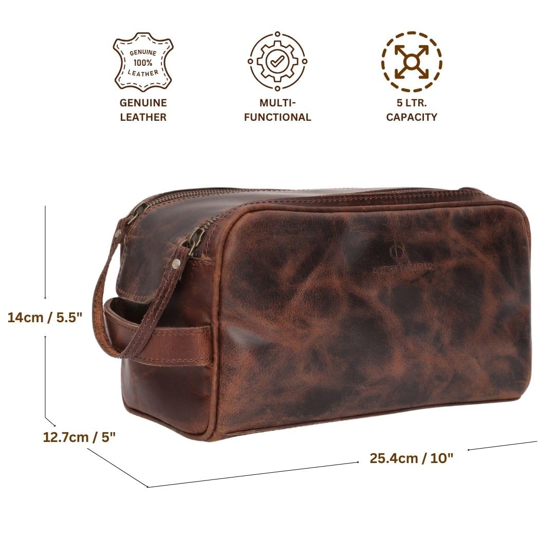 Autentico Leather Toiletry Bag for Men – Genuine Leather Dopp Kit, Travel Organizer for Grooming Essentials, Large Shaving Kit Pouch, Durable Dark Brown Gift for Men