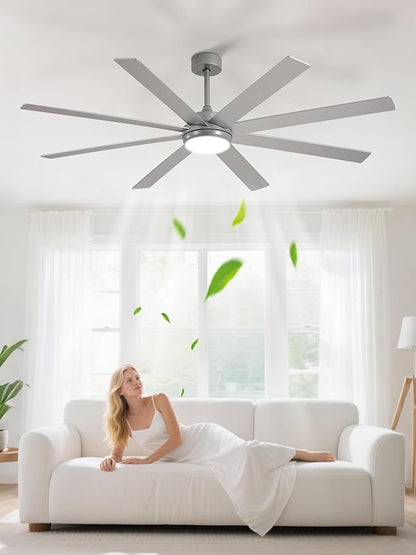 Depuley 66" Ceiling Fans with Lights: Large Indoor/Outdoor Ceiling Fan for Patios Living Room - 8 Blades Silver Dimmable Ceiling Fans with Remote APP Control Timer Reversible Quiet DC Motor 6 Speeds