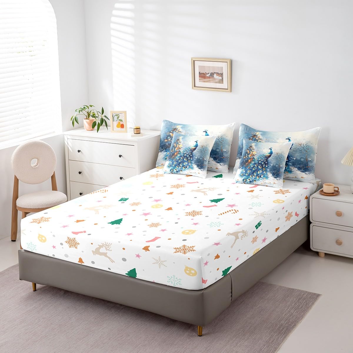 Manfei Xmas Peacock 7 Pieces Comforter Set Full,Wildlife Animal Snow Winter Bedding Set for Bedroom Decor,Merry Christmas（Comforter+Fitted+Flat Sheet+2 Pillowcases+2 Throw Pillow Covers）