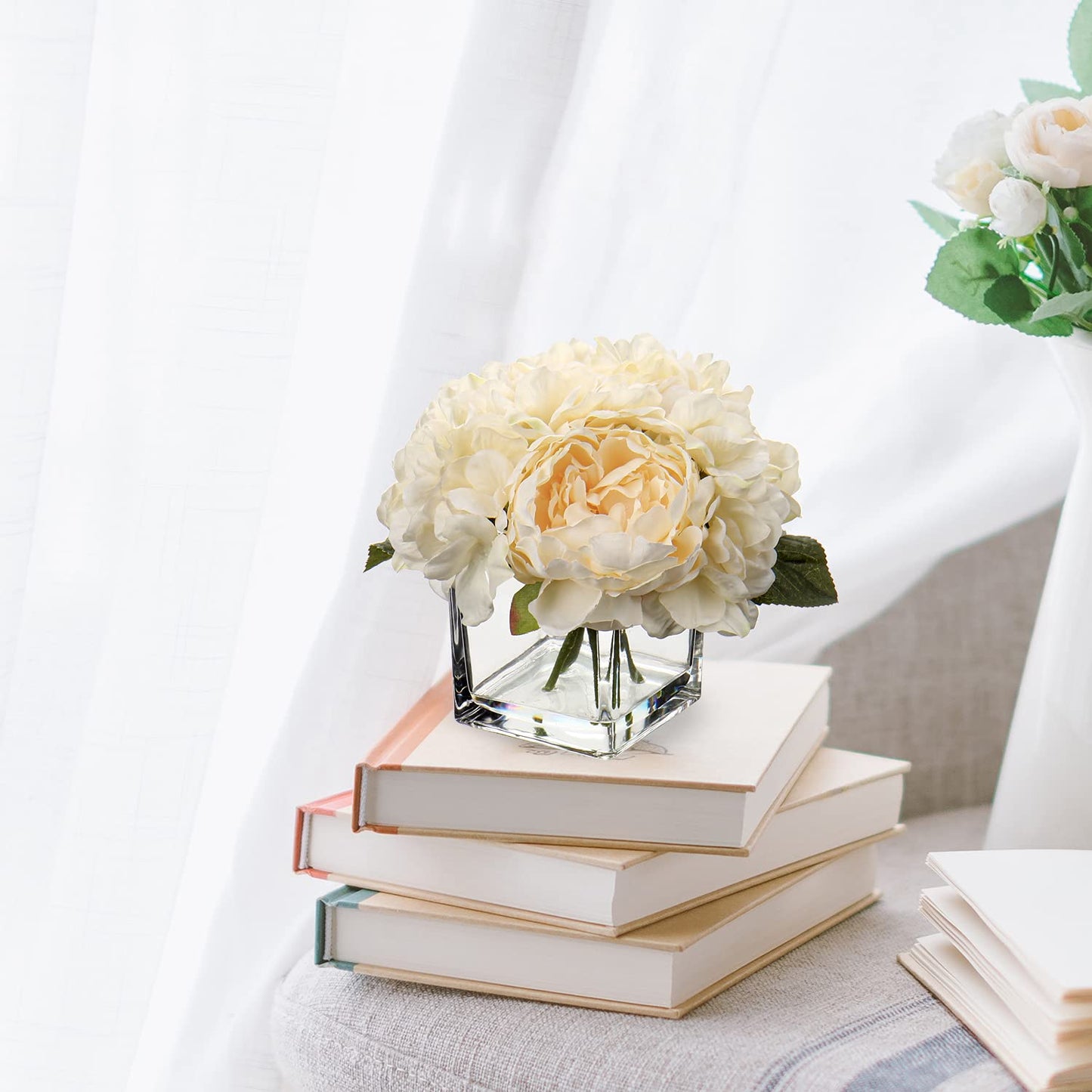 Cream Fake Flowers with Vase Hydrangea Artificial Flowers in Vase Peony Faux Flowers in Vase Rose Silk Flowers Peonies Floral Arrangements Artificial with Vase for Home Office Table Shelf Decoration