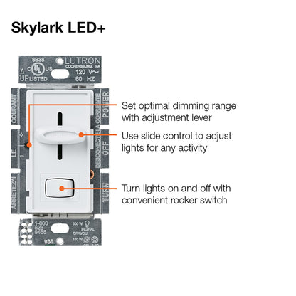 Lutron Skylark LED+ Dimmer Switch for Dimmable LED, Lutron Dimmer Switch For Halogen and Incandescent Bulbs, 150W/Single-Pole or 3-Way, SCL-153P-WH, White
