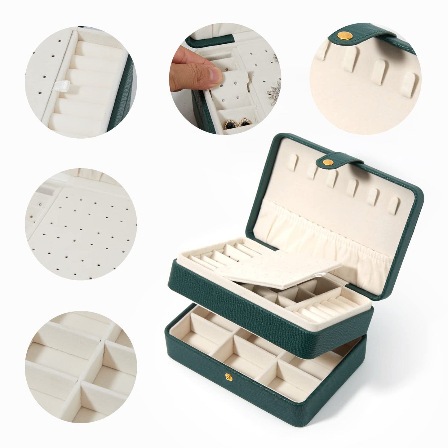 BUTI4WLD Travel Jewelry Case, Portable Jewelry Organizer Box with 3 Layers PU Leather Storage for Earrings, Necklaces, Rings, Bracelets, Compact Jewelry Gift for Women, Christmas Gifts (Green+Small)