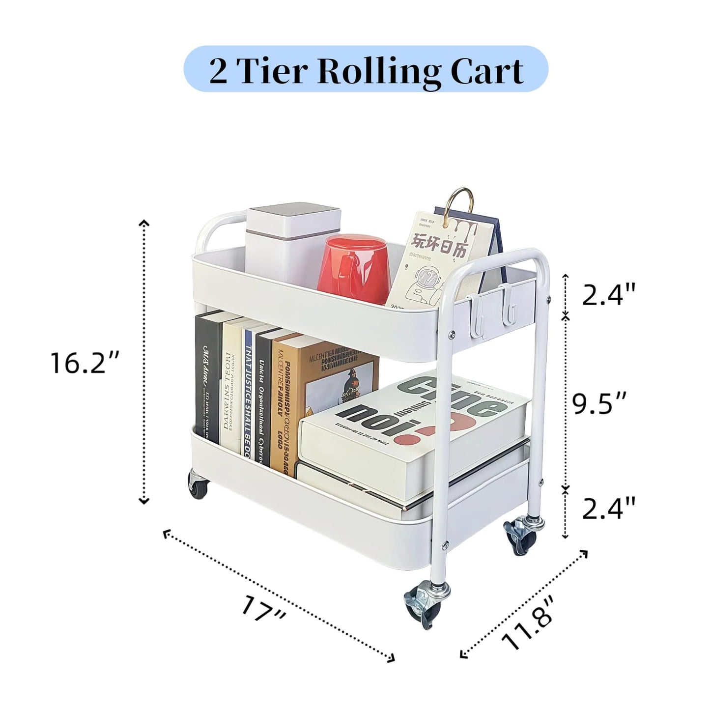 LIWNYRK 2 Tier Metal Rolling Cart with Wheels for Under Desk Storage & Pantry Storage, High Load-Bearing Kitchen Utility Cart for Small Space, Laundry Room Organization Side Table with 4 Hooks, White
