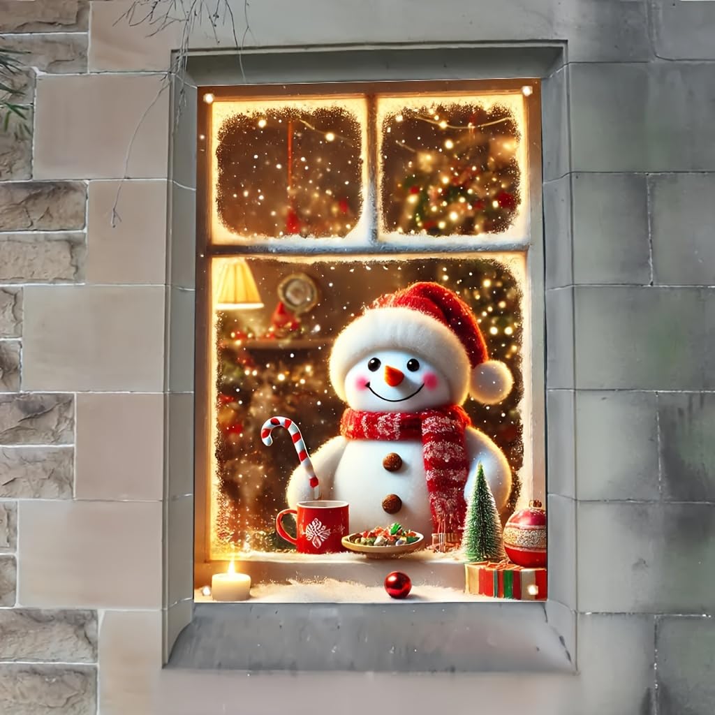 Tomhong Christmas Snowman Window Banner 31x47 Inch Holiday Decoration Cozy Indoor Outdoor Home Wall or Window Display with Snowy Scene and Warm Lights