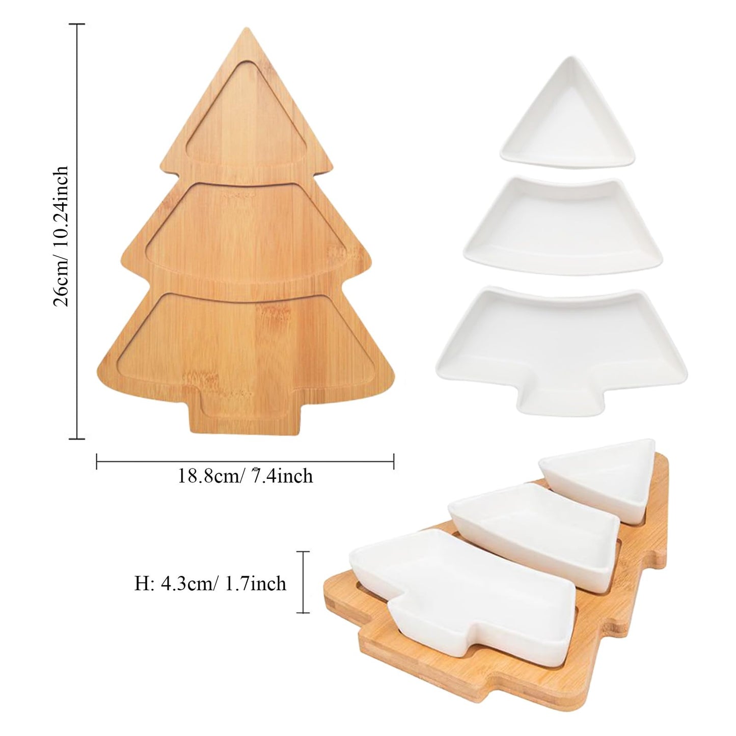 Qancesd Christmas Tree Shaped Platter Ceramic Dinner Plates with Wood Tray Christmas Tree Dishes Decorative Food Serving Tray for Appetizer Snack