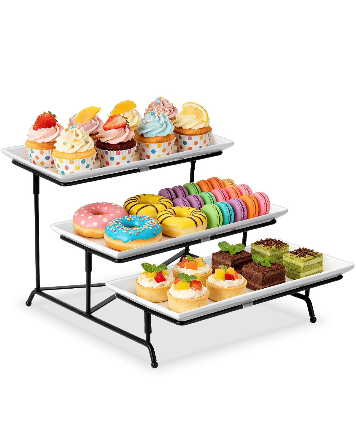 Yedio 3 Tier Serving Trays for Party, Porcelain Serving Platters and Trays, 12 Inch Tiered Tray Stand, Fruit Tray, Trays for Serving Food, White Dessert Stand with Collapsible Sturdier Metal Rack