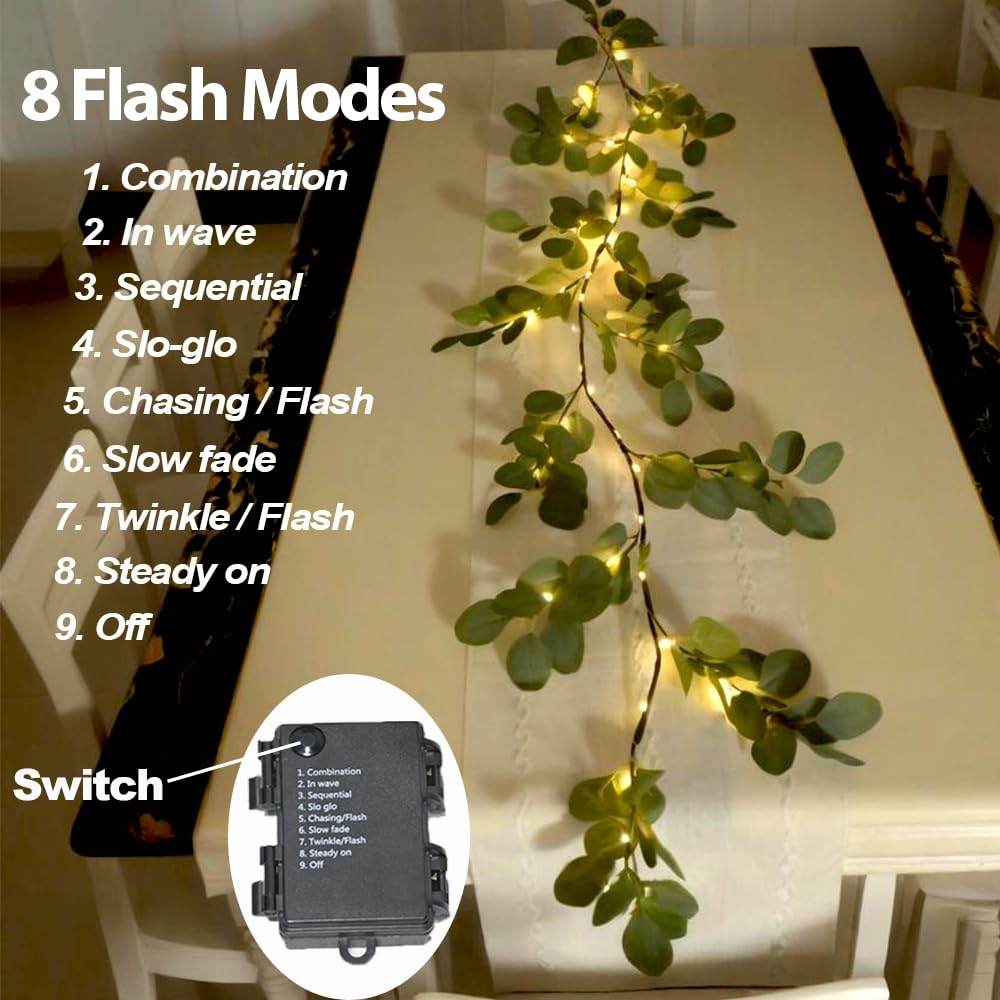 6.56FT Eucalyptus Garland with Lights 96 LEDs 8 Modes Battery Operated with Timer Faux Twig Vine Lights Spring Greenery Garlands for Mantle Fireplace Wall Table Stairs Wedding Party Bedroom Home Decor