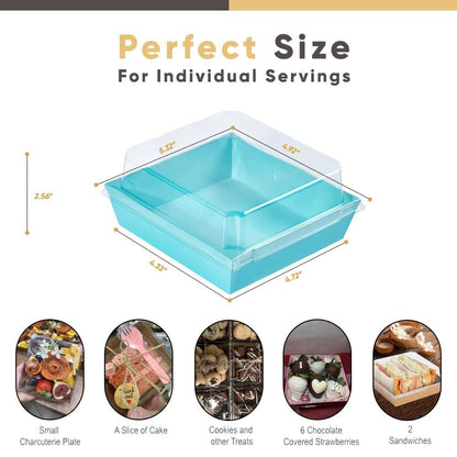 Leafiew 50 Pack Small Charcuterie Boxes with Clear Lids - To Go Paper Mini Charcuterie Box, Disposable Food Containers, 5Inch Dessert Boxes - Sandwich, Cookie, Sushi, Cake Slice, Strawberries (Blue)