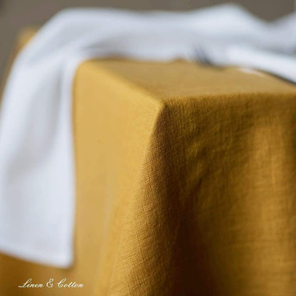 Linen & Cotton Tablecloth Table Linen Cloth Hygge - 100% Linen, Mustard Yellow (140 x 250 cm) Rectangular Washable Table Cloth for Home Kitchen Dining Table Decoration Restaurant Hotel Summer Party