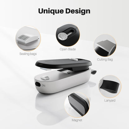 ODSD 2 in 1 Mini Bag Sealer - Heat Seal & Cutter with Lanyard, Portable Handheld Chip Bag Sealer for Snacks, Candies & Food Storage (Batteries Included)