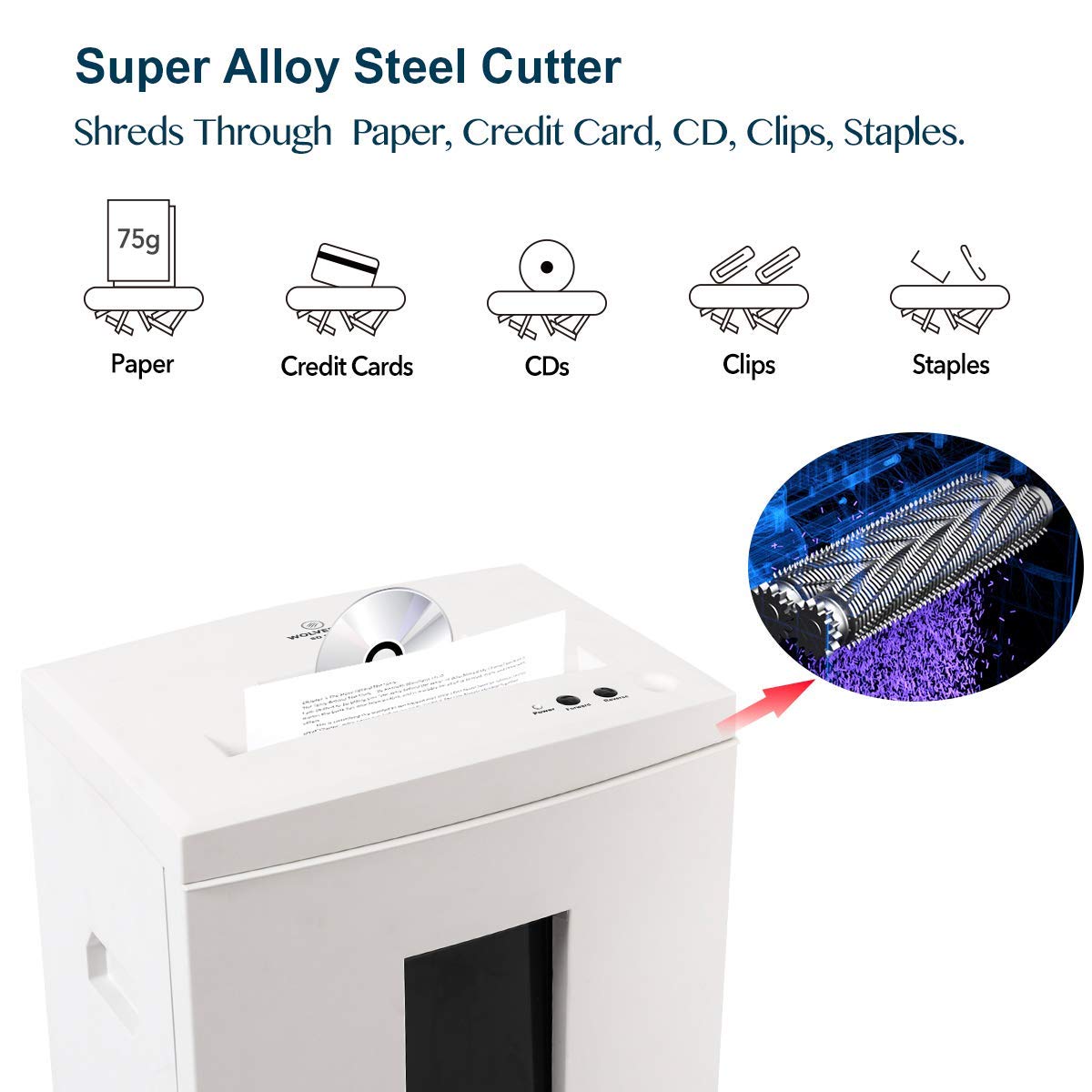 WOLVERINE 18-Sheet Shredders for Home Office Heavy Duty P-4 Security Level Crosscut Paper Shredder Paper/CD/Card Ultra Quiet Paper Shredder for Home with 6 Gallons Pullout Waste Bin SD9113(White ETL)