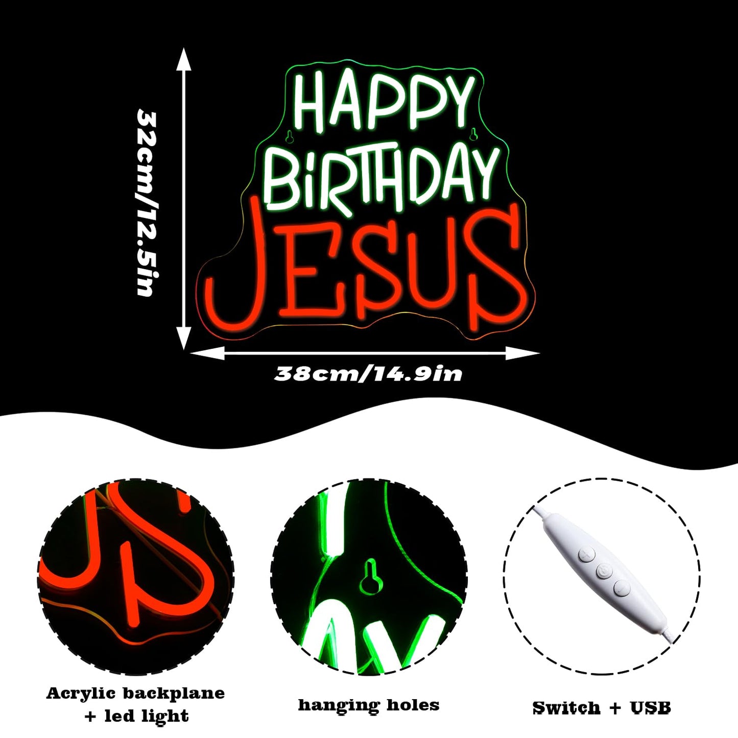 Looklight Happy Birthday Jesus Neon Sign Christmas Neon Signs for Wall Decor Red Green LED Light USB Light Up Signs for Inspirational Christian Decor for Homes Offices Churches Christmas Gifts