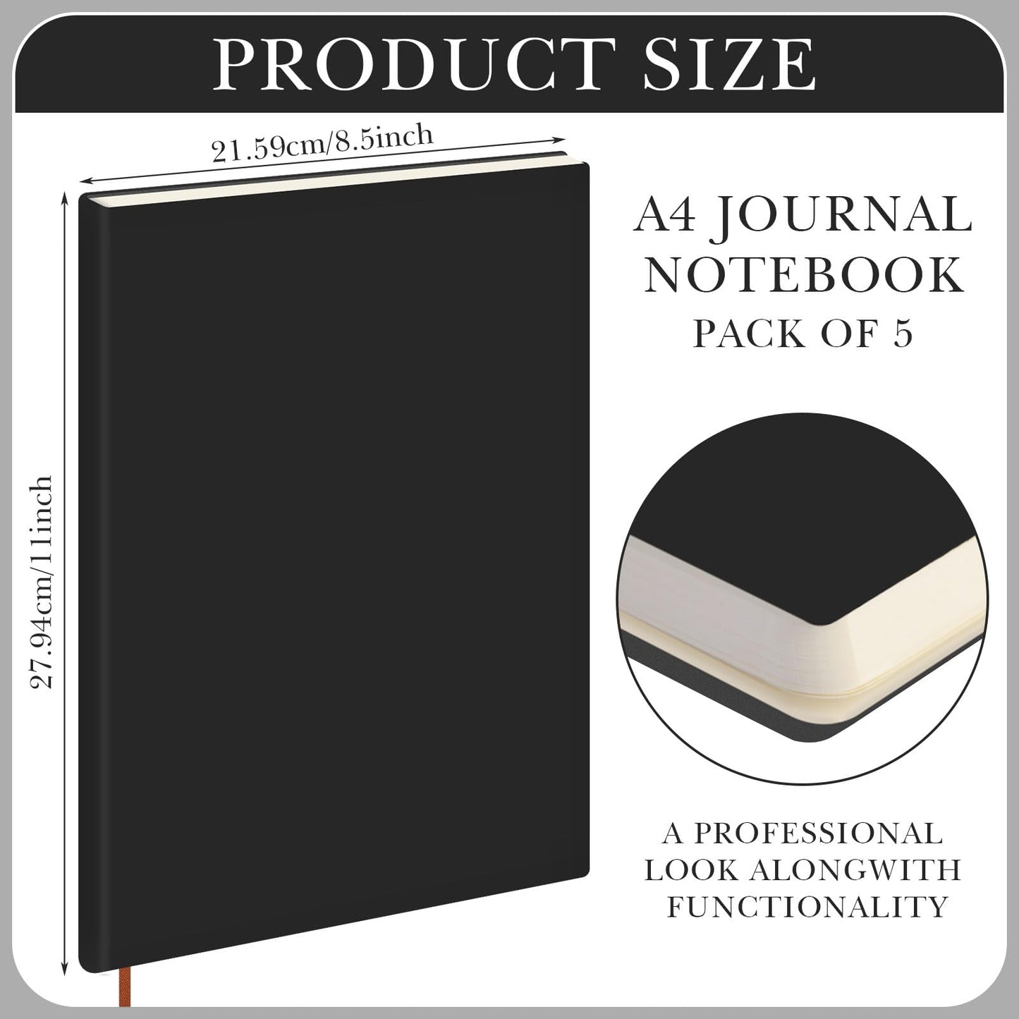 Tenceur 5 Pcs A4 College Ruled Notebook 8.5'' x 11'' Lined Journal 200 Pages Lined Artificial Leather Sketchbook for Writing Office School Business Home Gifts Supplies (Black)