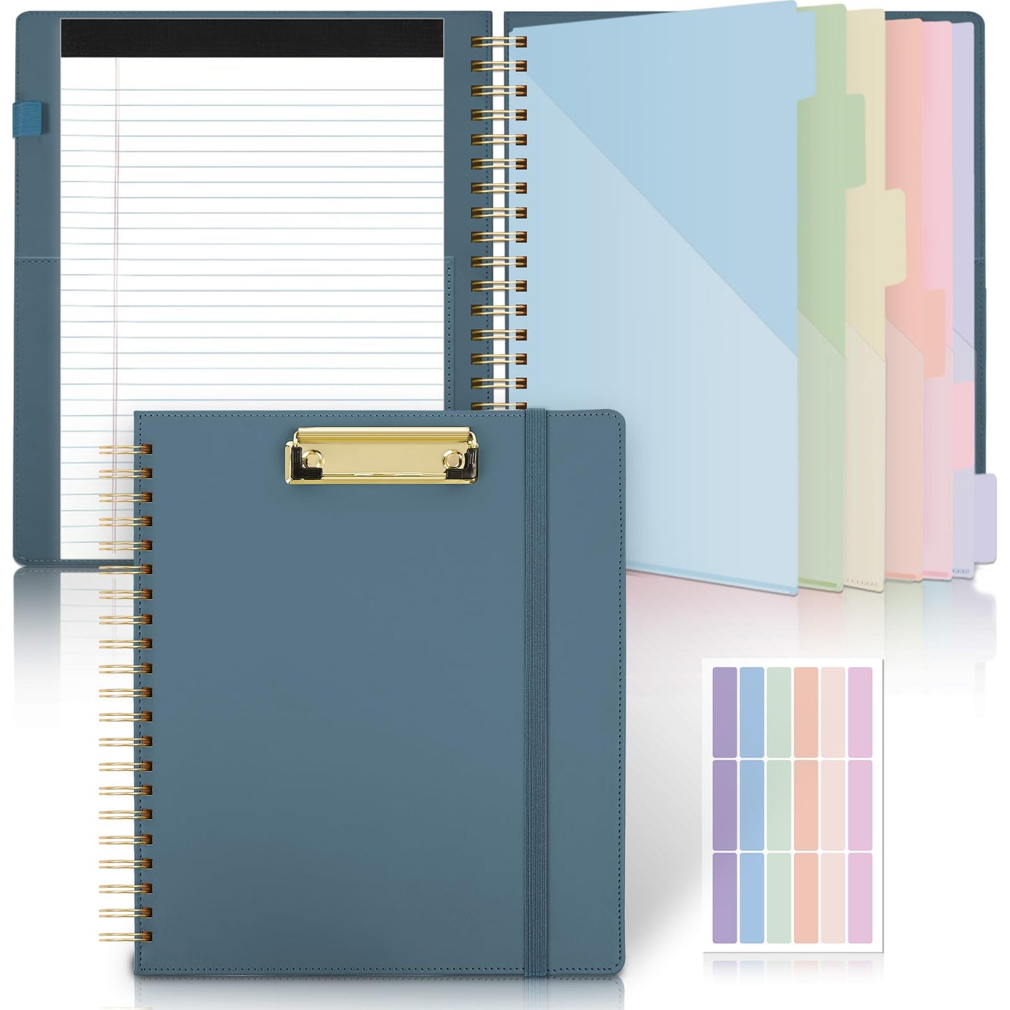 SKYDUE Clipboard Folder with Storage, 6 Dividers with 12 Pockets for Letter Size, Storage Clipboard Folio with Refillable Notepad, Spiral Clipboards Padfolio for Teacher Worker Nurse