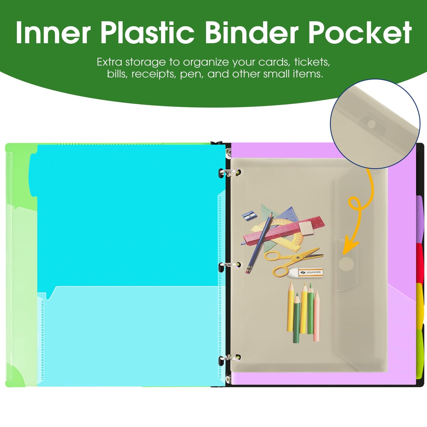 INFUN 1 Inch 3-Ring Telescoping Project Organizer Binder,13 Pocket, Customizable Front Cover, 5 Colors Pocket Divider and Plastic Binder Pocket，225 Sheet Capacity-Green