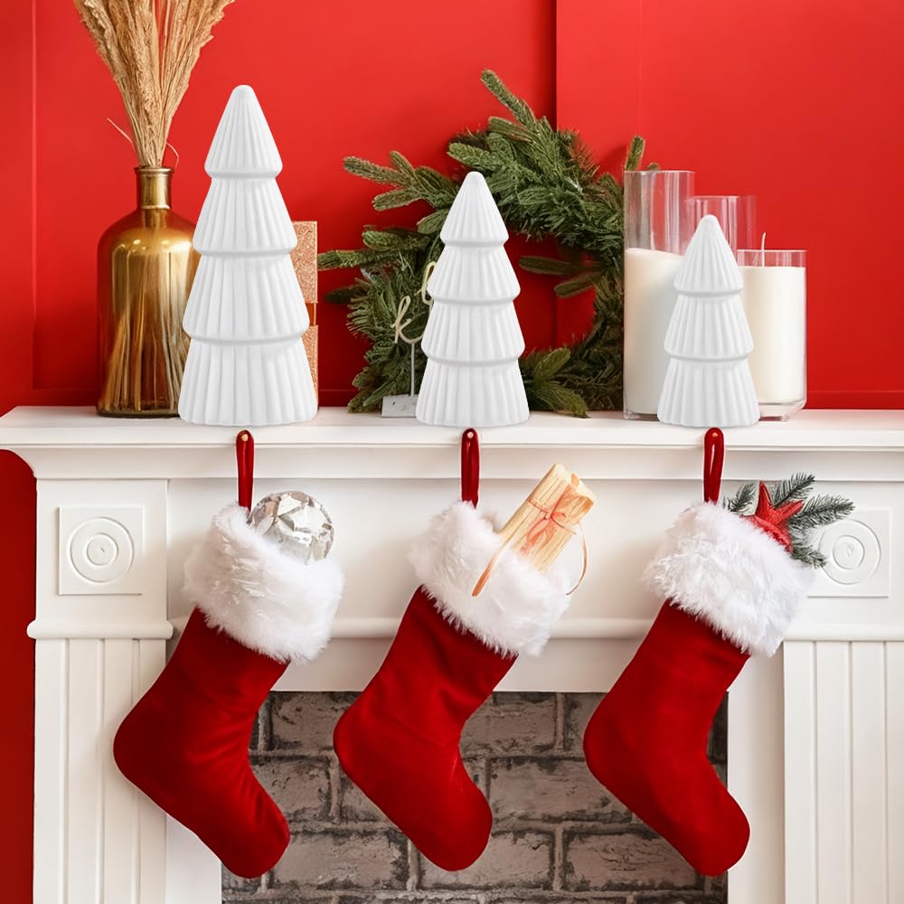 JOICEE 3 Pcs Velvet Ceramic Christmas Trees, Xmas White Modern Velvet Cone Tabletop Trees for Christmas Decorations Indoor Table Mantel Entryway Centerpieces Home Room Decor