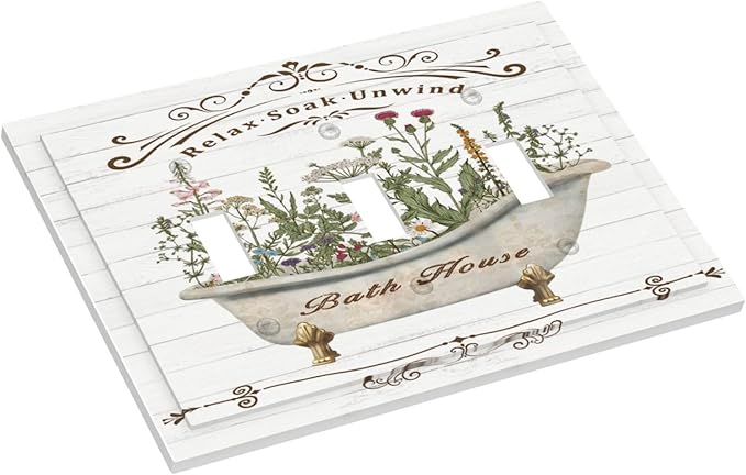Rustic Farmhouse Wooden Board Botanical Flower 3 Gang Wall Plates Decorative Triple Toggle Light Switch Cover Electrical Switchplate Unused Decorate Faceplate for Bathroom Home