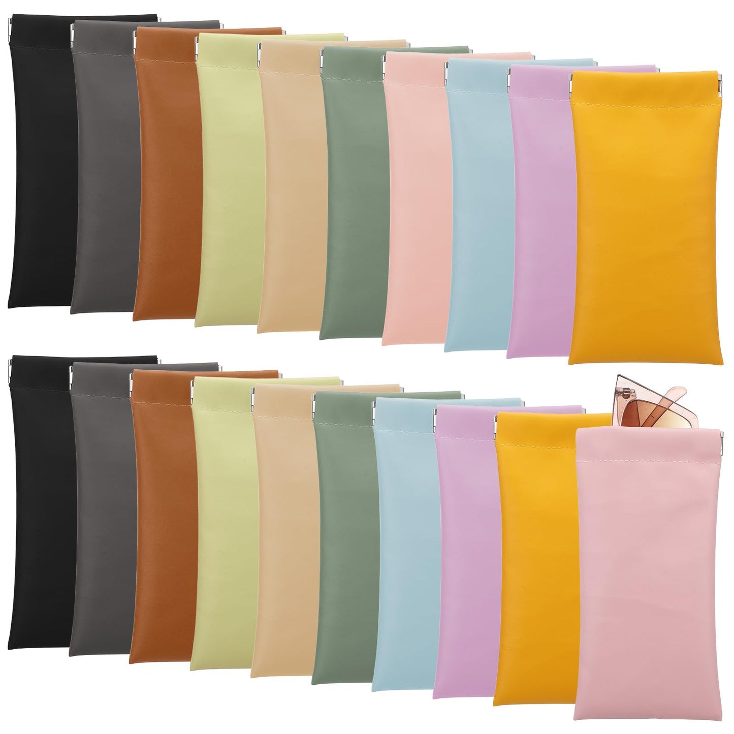 Kegeeei 20 Pack Soft Leather Sunglasses Case Pouch with Squeeze Top Closure - 10 Colors (2 Each), PU Eyeglasses Holder for Women & Men, Anti-Scratch Glasses Storage Bag