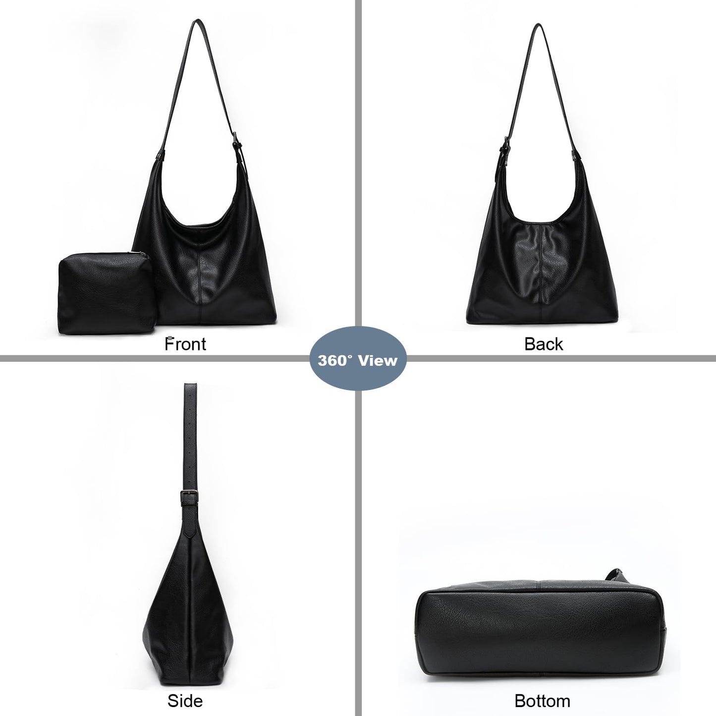 Hobo Bag for Women, Soft Vegan Leather Slouchy Shoulder Tote Purse with Matching Pouch, Adjustable Strap & Magnetic Closure Black