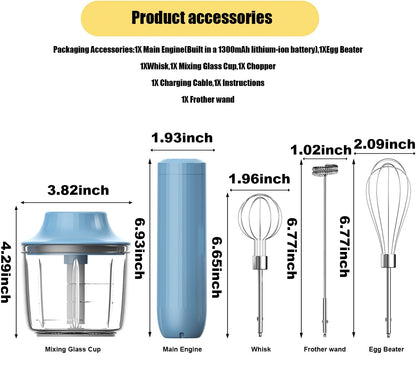 4-in-1 Electric Hand Mixer, Electric Whisk, Mini Onion Chopper 10Oz, Small Cordless Hand Blender, Milk Frother Wand for Coffee, Matcha, 4 Speed Rechargeable Food Processor for Baby Food Maker