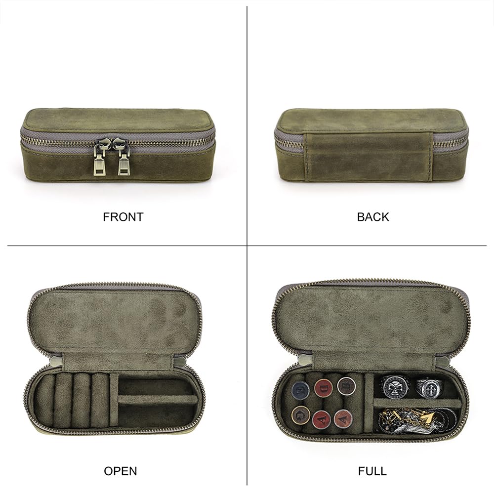 CONTACTS Crazy Horse Leather Cufflink Box for Men Travel Jewelry Storage Case Small Jewelry Organizer Padded Tray for Cufflinks Rings Earrings Studs (Green)