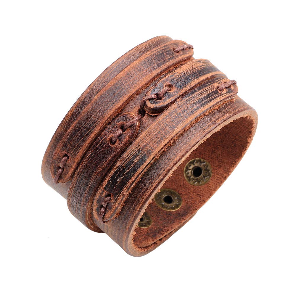 BaBakiak Punk Leather Cuff Bracelet, 2PCS Vintage Braided Leather Wristband for Men Women (Brown)