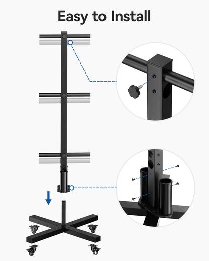 Movable Olympic Weight Plate Tree with 6 Metal Pegs, Fits 1" & 2" Weight Plates, Heavy Duty Storage Rack with Barbell Holders for Home & Garage Gym