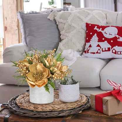 13 inch Gold Christmas Table Centerpiece 5" Glitter Magnolia Flower and Berries Fir Greenery Artificial Christmas Floral Centerpiece in Silver Ceramic Pot TableTop Christmas Table Arrangement Decor