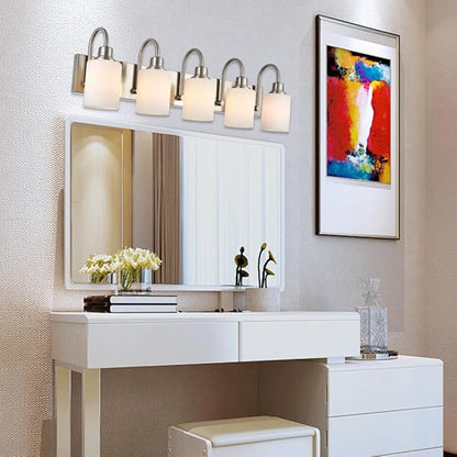 VINLUZ 5 Light Vanity Light,Brushed Nickel Bathroom Lighting Fixture Over Mirror with Opal White Glass Shade Modern Interior Wall Mounted Lights for Hallway Makeup Table