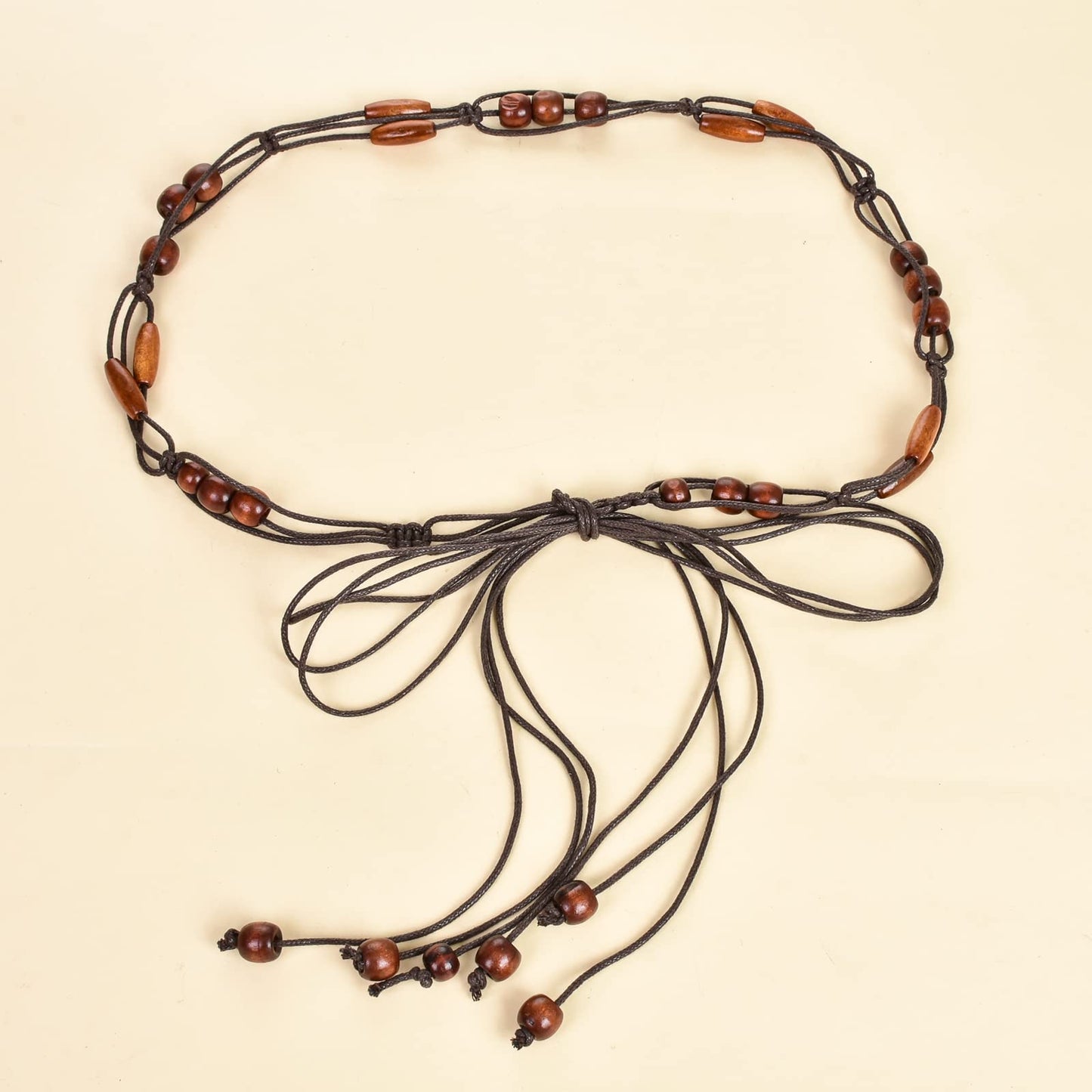 ILuvatar Women's tassel thin belt women's Bohemian style cross knotted hand woven belt Wooden beads waist rope 2pcs BLACK+ COFFEE