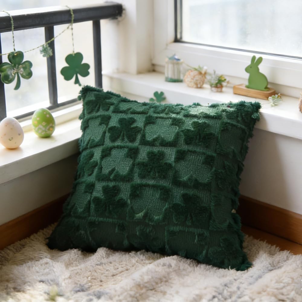 Heirloom Haven St Patrick’s Day Pillow Covers Set of 2,Green Shamrock Irish Soft Plush Faux Fur Jacquard Throw Pillows Decorations for Bedroom Sofa Holiday Festivals Home Decor 18x18 inch