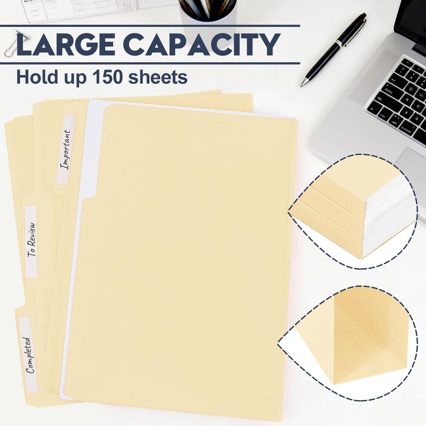 Manila File Folders, 150 Pack Bulk, Letter Size 8.5" x 11", 1/3 Cut Tabs in Assorted Positions, Includes Blank Labels, Sturdy Paper Stock for Office Business School Home Use,Manila