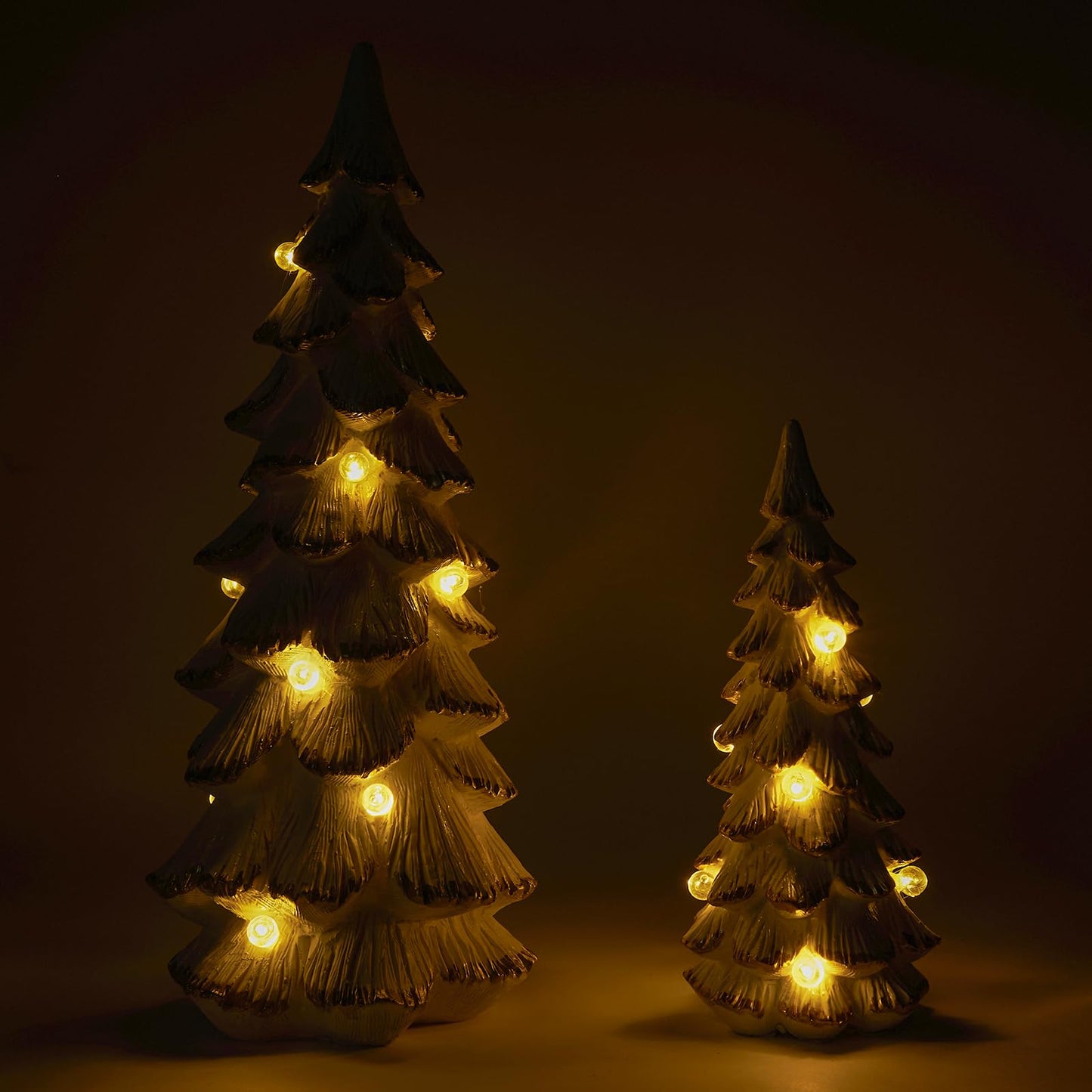 WDS WONDROUS Christmas Tree Figurine Light Up Green, 2Pcs Christmas Trees with Lights, Xmas Tree Figurines for Tabletop Mantel Shelf Fireplace Holiday Decorations for Home and Gift
